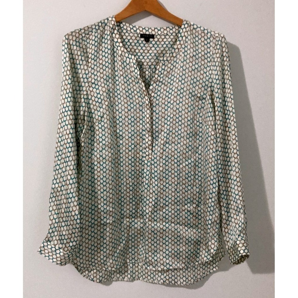 Talbots Blouse Womens Size Medium White Teal Coastal Nautical Preppy Fall Relax